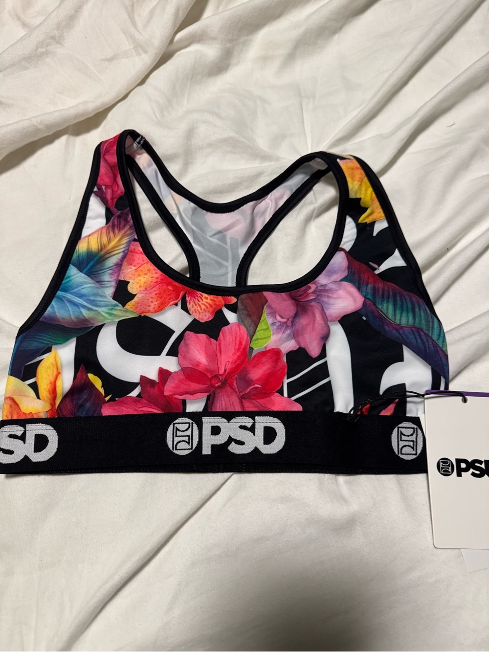 PSD Women’s Floral Racerback Sports Bra Top - Black/Multi Sz M NEW
